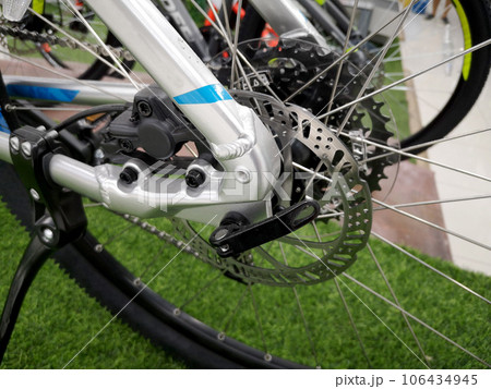 bicycle parts disc brake bike back wheel in close up. bicycle parts disc brake bike back wheel in close up. 106434945