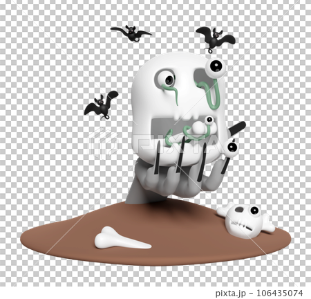3d halloween holiday party with eye, worm, skeleton in mouth skull, zombie hand, bats isolated. 3d render illustration 3d halloween holiday party with eye, worm, skeleton in mouth skull, zombie hand, bats isolated. 3d render illustration 106435074