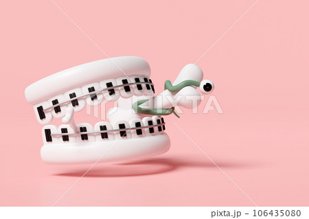 3d halloween holiday party with zombie tooth, worm, eye, skeleton isolated on pink background. 3d render illustration 106435080