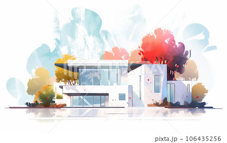 モダンな家の水彩フラットデザインパース風イラスト　AI生成画像 106435256