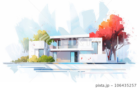 モダンな家の水彩フラットデザインパース風イラスト　AI生成画像 106435257