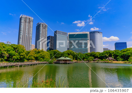 東京　中央区　浜離宮恩賜庭園　潮入の池と高層ビル 106435907