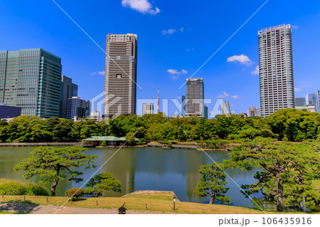 東京　中央区　浜離宮恩賜庭園　潮入の池と高層ビル 106435916
