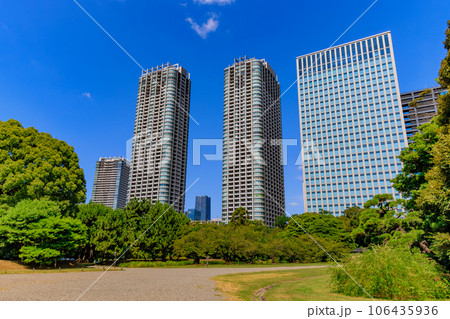 東京　中央区　浜離宮恩賜庭園から見た汐留の高層ビル 106435936