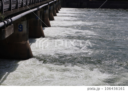 全ての水門が開き水が放水されている洗堰の風景 106436161