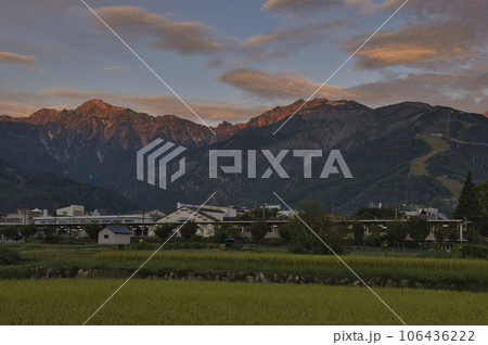美しい唐松岳・五竜岳のモルゲンロートと白馬駅 長野県白馬村 美しい唐松岳・五竜岳のモルゲンロートと白馬駅 長野県白馬村 106436222