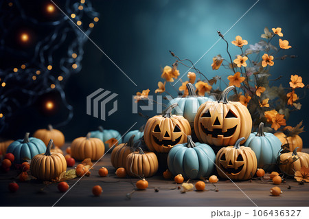 Halloween theme banner with group of Jack O Lantern pumpkin and balloons. Happy Halloween Concept. Generative Ai. Halloween theme banner with group of Jack O Lantern pumpkin and balloons. Happy Halloween Concept. Generative Ai. 106436327