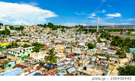 View of the poor neighborhoods of Santo Domingo from teleferico cable car, slums of the capital city of Dominican Republic 106436440