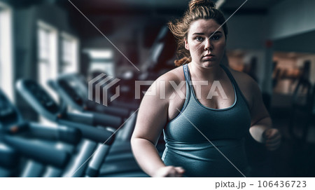 肥満の女性・スポーツジムで運動するオーバーウェイトの白人女性 106436723