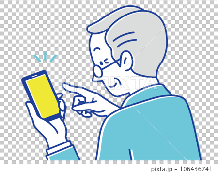 Rear view of a senior man touching his smartphone with a smile Rear view of a senior man touching his smartphone with a smile 106436741