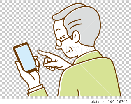 Rear view of a senior man touching his smartphone with a smile Rear view of a senior man touching his smartphone with a smile 106436742
