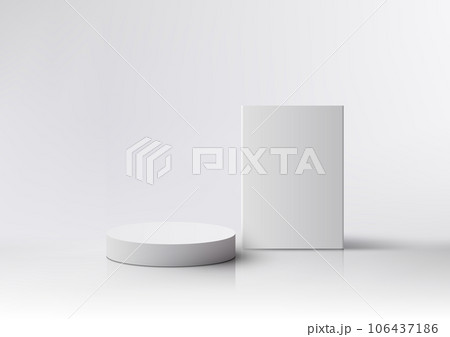 3D Realistic Empty White Podium Stand with White Sign 106437186
