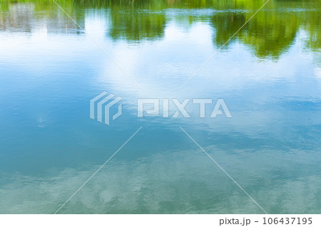 Blue sky Reflection of the meadow in the water and green grasses edges 106437195