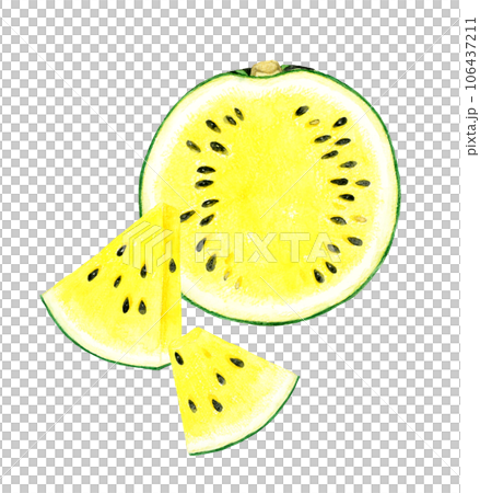 Cut yellow watermelon, hand-drawn watercolor illustration of summer fruit 106437211