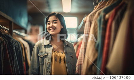 洋服屋で服を選ぶ肥満・プラスサイズのアジア人女性 106437300