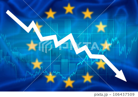declining economic performance of euro area. declining graph and euro symbol on background of european flag. economic depression, Financial Crysis Recession Economic declining economic performance of euro area. declining graph and euro symbol on background of european flag. economic depression, Financial Crysis Recession Economic 106437509