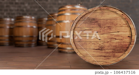 Wooden barrels in cellar. advertising of brewery, winery, tasting of new varieties of alcoholic beverages. Wine barrels in wine-vaults 106437516