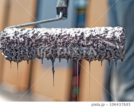 paint roller full of gray paint dripping. Close-up. paint roller full of gray paint dripping. Close-up. 106437685