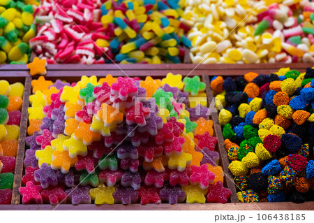 closeup of candy and jelly sweets for sale 106438185