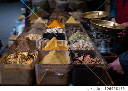 Colorful spices in spice store at Suq, Bazaar in Damascus, Syria 106438186