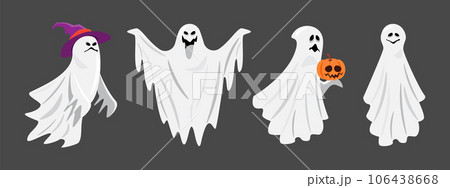 Set of White cloth ghost . Halloween cartoon characters . Gray isolate background . Vector . 106438668