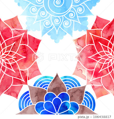Frame for the cover decorated with blue and red watercolor mandala patterns Frame for the cover decorated with blue and red watercolor mandala patterns 106438817