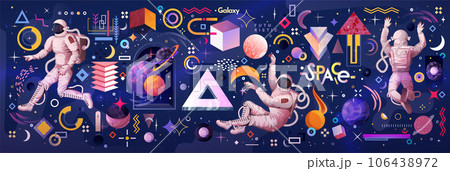 Space stars and planets. Astronaut in spacesuit. Abstract geometric shapes. Galaxy future technology. Psychedelic astronomy science. Futuristic spaceman. Universe explorer. Vector exact illustration 106438972