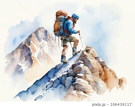 登山（水彩画） 水彩で描いた登山をする人のイラスト Generative AIのイラスト素材