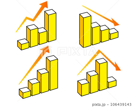 上昇と降下、いろいろな立体の棒グラフと矢印のセット 106439143