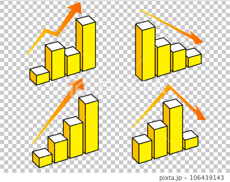 上昇と降下、いろいろな立体の棒グラフと矢印のセット 106439143