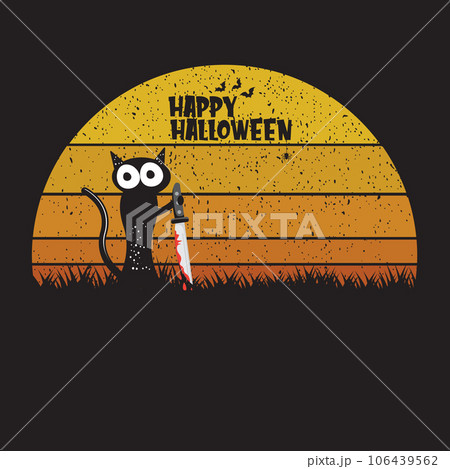 Happy halloween greeting card or banner with Black cat holding knife isolated on vintage sun background. Funny Halloween black cat holding a bloody knife. Halloween concept illustration Happy halloween greeting card or banner with Black cat holding knife isolated on vintage sun background. Funny Halloween black cat holding a bloody knife. Halloween concept illustration 106439562