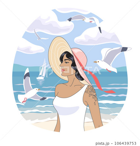 Beautiful Woman in Hat Walking on the Beach 106439753