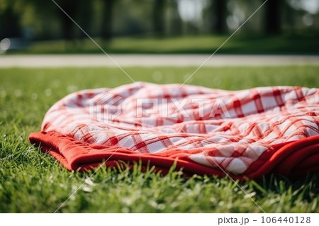 Red and white plaid picnic blanket on top of a green field in sunny day on grass of lawn in summer park. Blurred Background Red and white plaid picnic blanket on top of a green field in sunny day on grass of lawn in summer park. Blurred Background 106440128