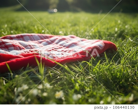 Red and white plaid picnic blanket on top of a green field in sunny day on grass of lawn in summer park. Blurred Background Red and white plaid picnic blanket on top of a green field in sunny day on grass of lawn in summer park. Blurred Background 106440130