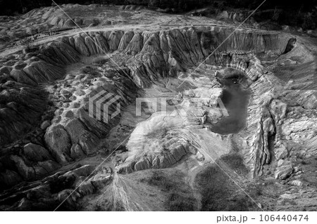Monochrome aerial view of abandoned mine Monochrome aerial view of abandoned mine 106440474