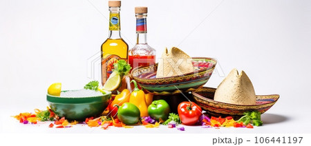 Celebrate Cinco de Mayo with this fun and festive top vertical view of a sombrero, poncho, and maracas, plus tequila shots, lime wedges, chili peppers on a white background with copyspace 106441197