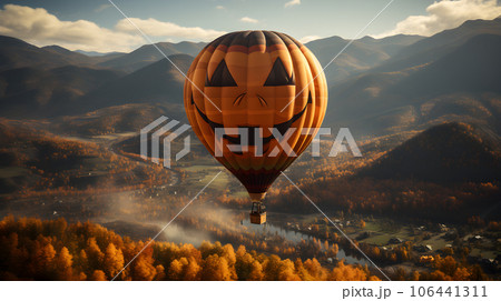 Pumpkin Hot air balloon floating in the sky and beautiful landscape. Happy Halloween Concept. Generative Ai. 106441311
