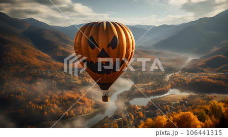 Pumpkin Hot air balloon floating in the sky and beautiful landscape. Happy Halloween Concept. Generative Ai. 106441315