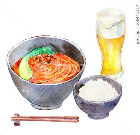 坦々麺とビールのセット　水彩イラスト　町中華 106441317