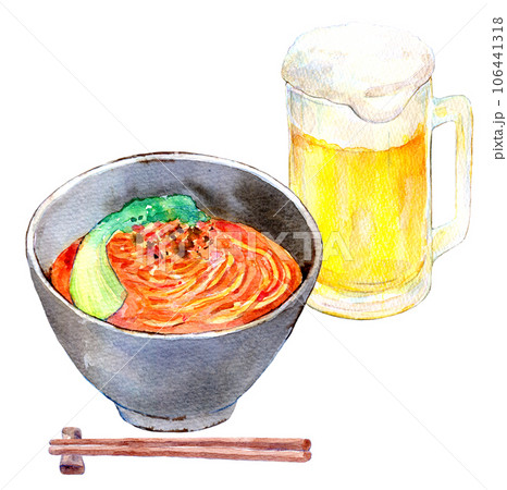 坦々麺とビールのセット　水彩イラスト　町中華 106441318