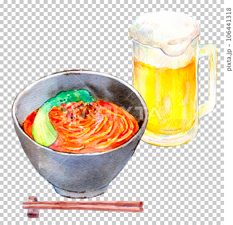 坦々麺とビールのセット　水彩イラスト　町中華 106441318
