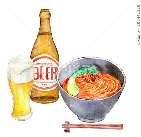 坦々麺とビールのセット　水彩イラスト　町中華 106441320