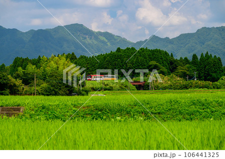 夏空と阿蘇山を背景に田園風景に映える鉄道風景（全線開通）南阿蘇鉄道 106441325