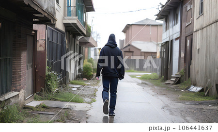 廃墟街を歩く男性の後姿_ワイド 106441637
