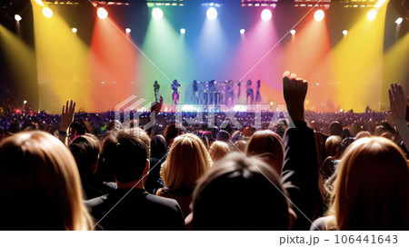 カラフルな照明のライブ会場で手を上げる観客の後姿_ワイド 106441643