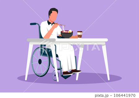 Character flat drawing of young Arabian male wheelchair user eating ramen or noodles food sitting at table. Having lunch, snack in cafe. Society and disabled people. Cartoon design vector illustration 106441970