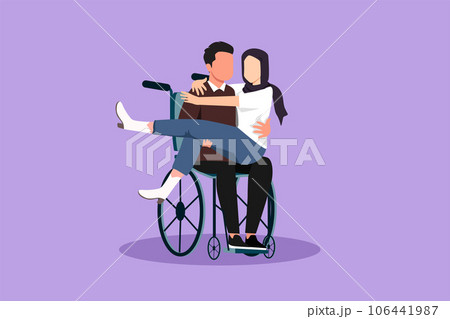 Cartoon flat style drawing disabled Arabian man carrying beautiful woman in wheelchair. Happy couple at wedding celebration. Male with special needs in wheelchair. Graphic design vector illustration 106441987