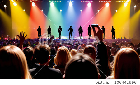 カラフルなスポットライトに浮かぶ8人のシルエットとライブ会場で手を上げる観客の後姿_ワイド 106441996