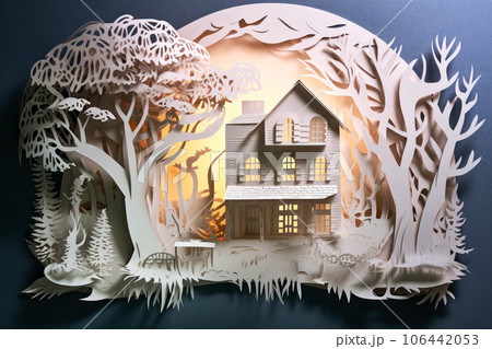 Modern paper cut style of illustration with a three-storey mansion and a garden or forest. Created using generative AI. 106442053