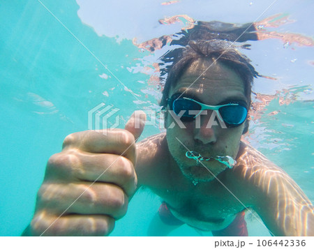 Underwater view of a man swimming in the sea 106442336